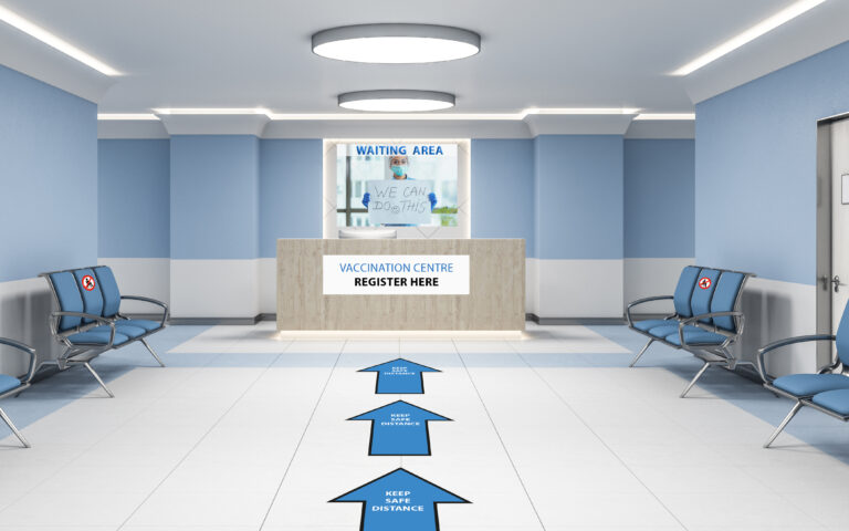 Modern waiting room in blue hospital interior